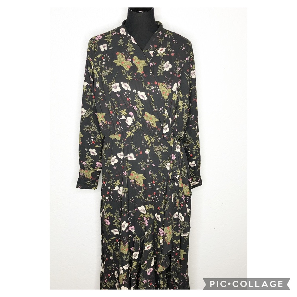 Pascal black white green floral faux wrap long sleeve maxi dress size Medium